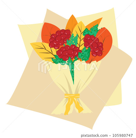 Autumn bouquet of autumn yellow orange leaves rowan branch paper wrap Vector 105980747