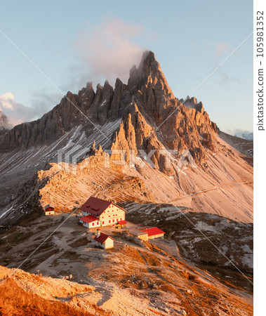 Tre Cime di Lavaredo and rifugio Locatelli in Dolomite Alps 105981352