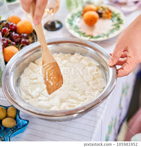 Master class and cheese tasting. Women make cheese. The enzyme and starter culture are added to the milk in a metal container. Milk folding process, home production, business, entrepreneur. 105981952