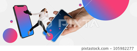 Businesswoman talking on mobile phone, Remote work, online cooperation and partnership. Contemporary art collage. 105982277