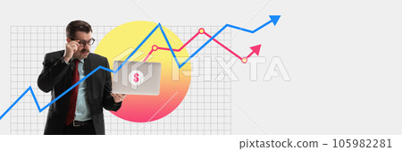 Dissatisfied businessman attentively looking on analytical graphs in laptop. Contemporary art collage. 105982281
