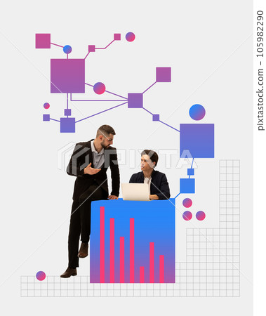 Businessmen, employees working together on financial analytics, business connections and strategies. Contemporary art collage. Businessmen, employees working together on financial analytics, business connections and strategies. Contemporary art collage. 105982290