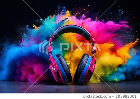 Headphones Surrounded by Vivid Color Powder Explosion Headphones Surrounded by Vivid Color Powder Explosion 105982301