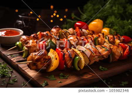 BBQ Skewers with Grilled Vegetables and Tomatoes 105982346