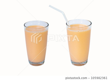 Lactic fermentation beverage color light orange sour taste or yogurt in two type glass tall with straw plastic. Fermented milk has vitamin B2. Isolated on white background. Lactobacillus acidophilus. 105982361