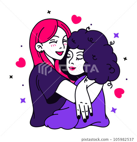 Flat vector illustration of two hugging girls. The concept of friendship and mutual assistance. Fight for women's rights. Flat vector illustration of two hugging girls. The concept of friendship and mutual assistance. Fight for women's rights. 105982537