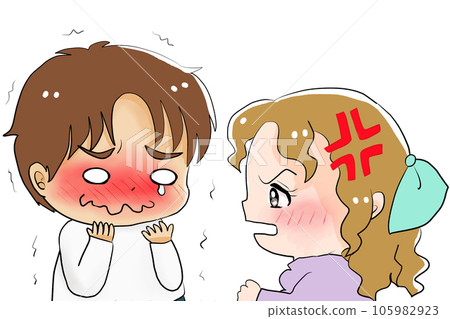 A man holding back laughter and an angry woman A man holding back laughter and an angry woman 105982923