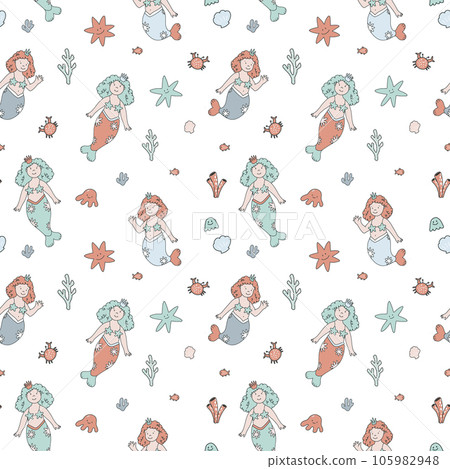 Beautiful vector seamless pattern with cute hand drawn mermaids and sea life. 105982948