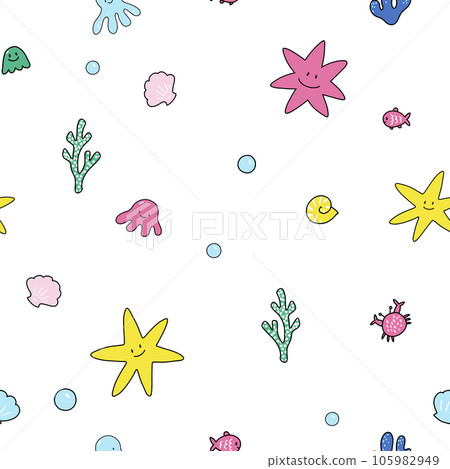 Beautiful vector kid seamless pattern with cute hand drawn little colorful underwater sealife animals and plants. Stock illustration. 105982949