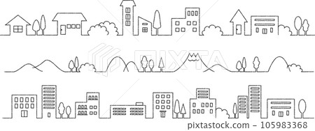 用簡單的黑色線條和蠟筆筆觸繪製的城市景觀、山脈和建築物 105983368