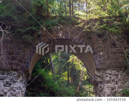 Old stone arched destroyed bridge over small river in a mountain forest Old stone arched destroyed bridge over small river in a mountain forest 105983556