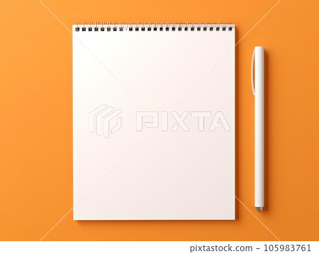Top view blank paper Notebook and pencil. Desktop mock up, Flat lay of orange working table background with office equipment, mockup greeting card 105983761