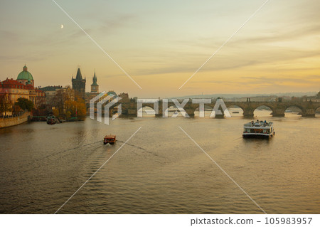 landscape with Vltava river, Charles Bridge and boat landscape with Vltava river, Charles Bridge and boat 105983957
