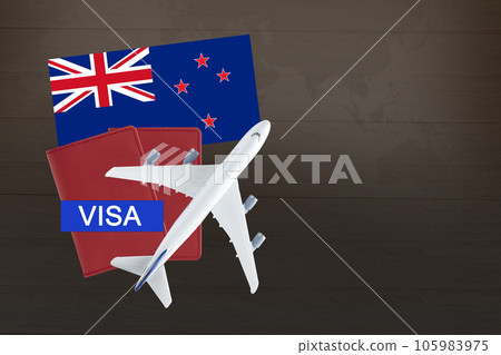 Visa with New Zealand flag, passport, airplane and globe, trip travel immigration. 105983975