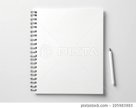 Top view blank paper Notebook and pencil. Desktop mock up, Flat lay of grey working table background with office equipment, mockup greeting card. Top view blank paper Notebook and pencil. Desktop mock up, Flat lay of grey working table background with office equipment, mockup greeting card. 105983983