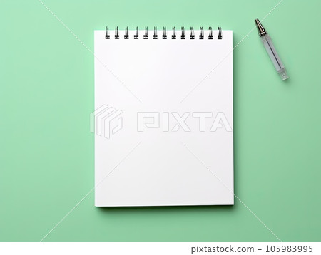 Top view blank paper Notebook and pen. Desktop mock up, Flat lay of green working table background with office equipment, mockup greeting card. 105983995