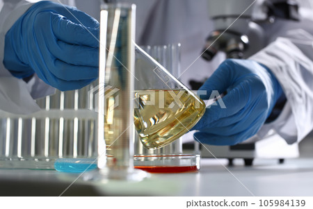 Yellow liquid spilled petrol additive innovative supply 105984139