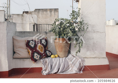 Summer vacation still life, relaxation concept. Cozy sitting area at the roof top. Bench with Mexican pattern cushions. Vase with eucalyptus branches, fresh lemons. Striped plaid. White Spanish houses 105984616