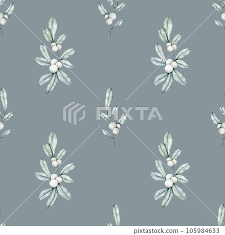 Seamless pattern with Symphoricarpos, snowberry, waxberry, or ghostberry. Deciduous shrub with white berries on grey background. Endless Hand drawn watercolor illustration for wallpaper, fabric Seamless pattern with Symphoricarpos, snowberry, waxberry, or ghostberry. Deciduous shrub with white berries on grey background. Endless Hand drawn watercolor illustration for wallpaper, fabric 105984633