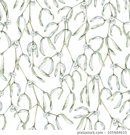 Mistletoe or Viscum branches with leaves and white berries. Christmas seamless pattern. Winter botanical Endless background. Hand drawn watercolor illustration for wallpaper, fabric, wrapping paper 105984635