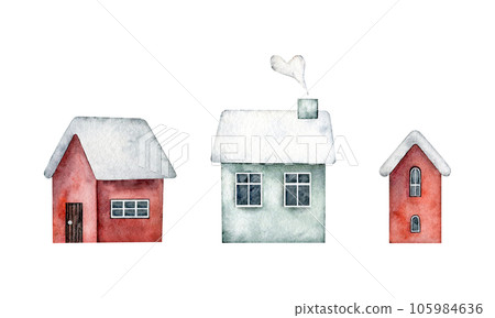 Winter set of cute houses with doors, windows, chimney, with snow on the roof. Hand painted watercolor design for Christmas card, souvenirs, winter poster, happy new year, sticker 105984636