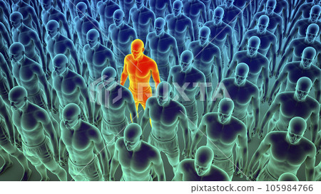 A clone of identical people standing in an organized manner, with one person colored differently, 3D conceptual illustration 105984766