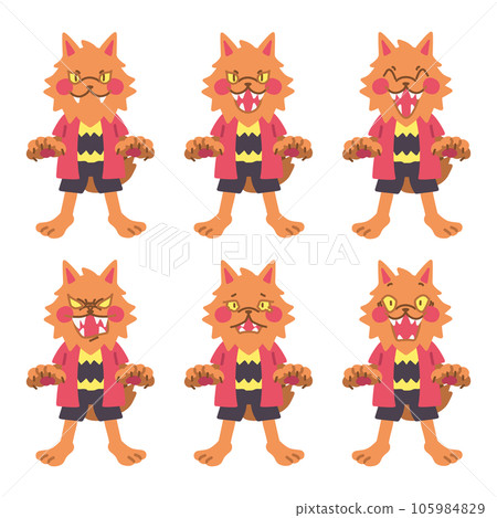 Color illustration set of cute deformed werewolf with various facial expressions Color illustration set of cute deformed werewolf with various facial expressions 105984829