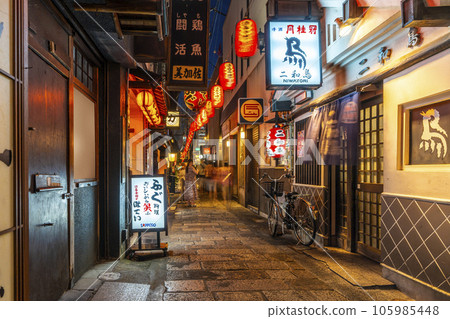 Hozenji Yokocho at night in Osaka, an atmospheric alley with cobbled streets 105985448