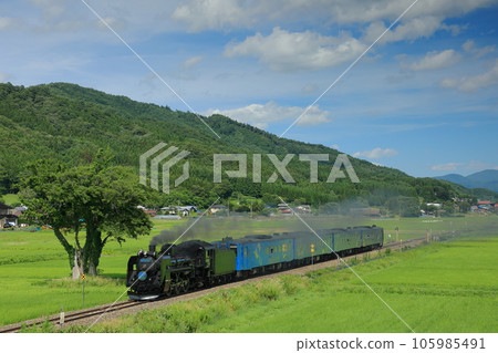 JR Kamaishi Line C58239 steam locomotive blue plate going through the countryside between SL Ginga Tono and Ayaori 105985491