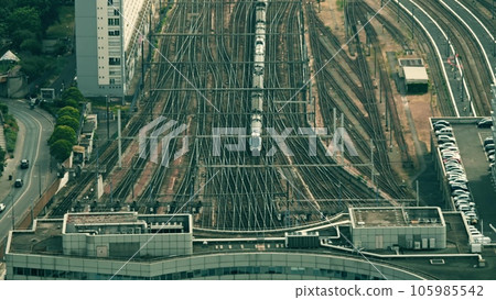 Modern train arrives at the Montparnasse terminus in Paris, view from above. France Modern train arrives at the Montparnasse terminus in Paris, view from above. France 105985542