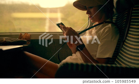 Beautiful woman uses her smartphone in the high-speed train in France 105985549
