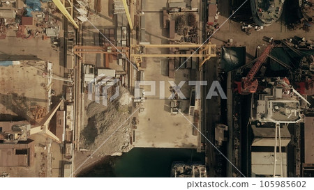 Aerial overhead shot of a shipyard Aerial overhead shot of a shipyard 105985602