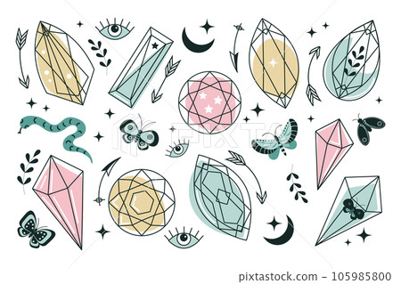 Set of line art minerals, crystals, eyes, gems, moths, butterflies, moon, stars. Magic fairy tale on the theme of Halloween. Magic elements. Vector 105985800