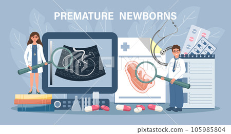 Premature newborns for landing page. World Prematurity Day. Doctors scan the embryo. Lack of pregnancy, in vitro fertilization. Template, banner, vector Premature newborns for landing page. World Prematurity Day. Doctors scan the embryo. Lack of pregnancy, in vitro fertilization. Template, banner, vector 105985804