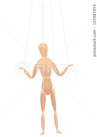 Wooden marionette with joints. Wood human anatomy, statue doll or handmade puppet theater toy men figure. Dummy or mannequin at control rope, vector illustration 105985959