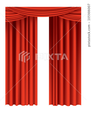 Red curtains realistic. Theater fabric silk decoration for movie cinema or opera hall. Curtains and draperies interior decoration object. Isolated on transparent for theater stage 105986007