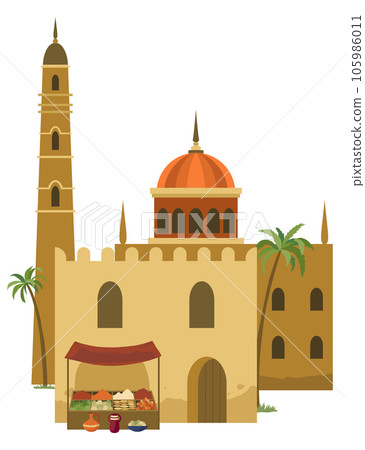 Middle east. Arabic desert with traditional mud brick houses. Ancient building. Flat vector illustration Middle east. Arabic desert with traditional mud brick houses. Ancient building. Flat vector illustration 105986011
