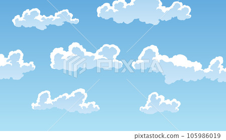 Cartoon clouds landscape light background. Cloudscape in blue sky, white cloud illustration. Blue sky panorama, vector pattern 105986019