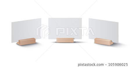 Blank card holder set. Mockup template or menu frame. Realistic blank paper sheet. Desktop identification plate, nameplate isolated on white background 105986025
