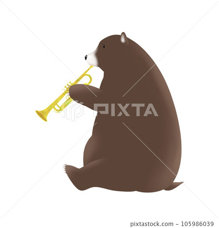 Illustration of a bear happily blowing a trumpet 105986039