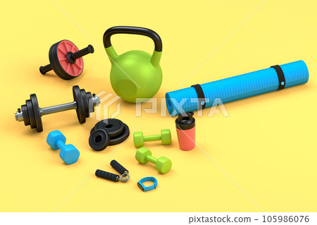 Isometric view of sport equipment like kettlebell, fitness ball and yoga mat Isometric view of sport equipment like kettlebell, fitness ball and yoga mat 105986076