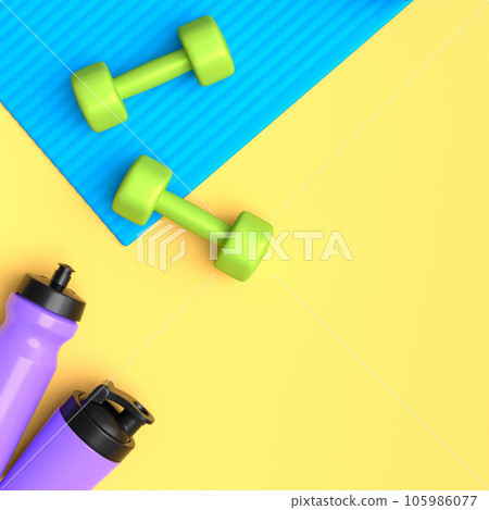 Isometric view of sport equipment like dumbbell, water bottle and yoga mat Isometric view of sport equipment like dumbbell, water bottle and yoga mat 105986077