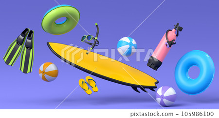 Colorful surfboard, beach ring, umbrellas and scuba mask on violet background. Colorful surfboard, beach ring, umbrellas and scuba mask on violet background. 105986100