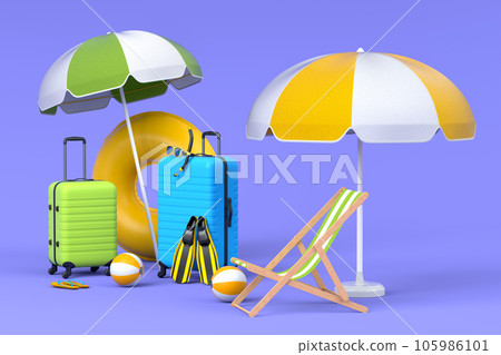 Colorful suitcase or baggage with beach accessories on violet background. Colorful suitcase or baggage with beach accessories on violet background. 105986101