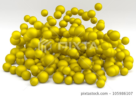 Many of flying yellow fitness ball or fitball falling on white background Many of flying yellow fitness ball or fitball falling on white background 105986107