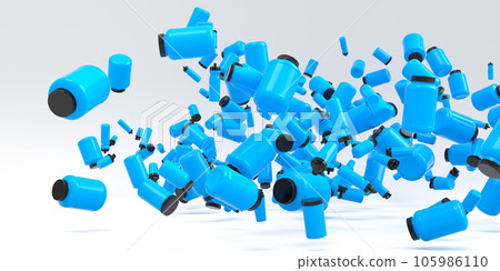 Flying and folling sport equipment like sport shaker and water bottles on white 105986110