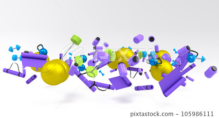 Flying and folling sport equipment like kettlebell, fitness ball and yoga mat Flying and folling sport equipment like kettlebell, fitness ball and yoga mat 105986111