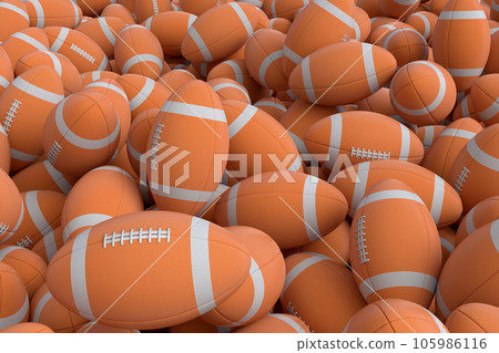 Many of flying orange american football ball falling on white background Many of flying orange american football ball falling on white background 105986116