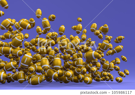 Many of flying gold american football ball falling on violet background Many of flying gold american football ball falling on violet background 105986117