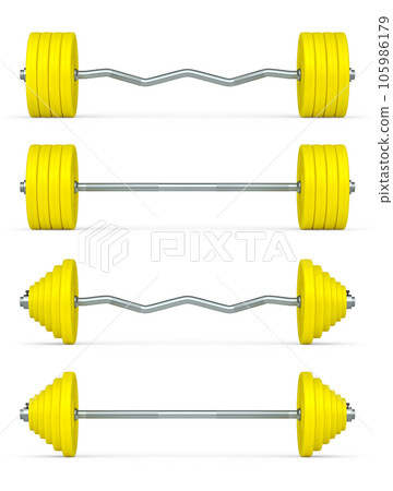 Set of metal barbell with rubber disks shaped handle isolated on white 105986179